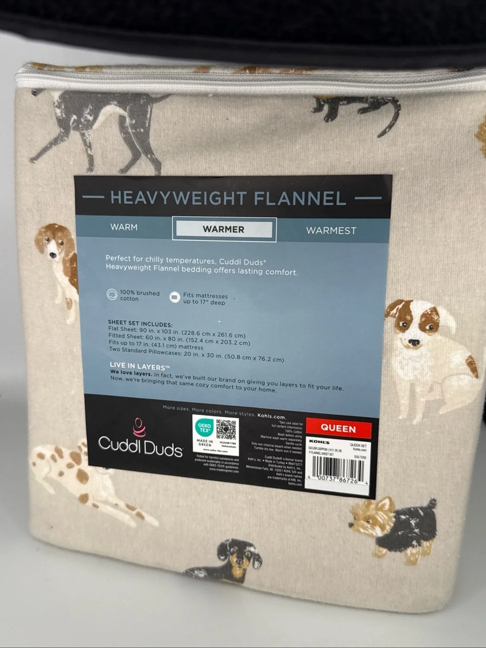 $90 Cuddl Duds Flannel DOG Doodle QUEEN Sheet Set Neutral Dogs Print 17